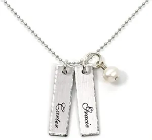 Double Bar Sterling Silver Personalized Necklace with Swarovski Pearl. Includes 2 Customizable Charms and your Choice of Sterling Silver Chain. Gifts for Her, Mom, Wife