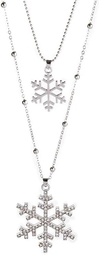 Double Layer Silver Tone Clear Crystal Star Snowflake Necklaces Pendants Snow Flower Necklace For Women Sweater Jewelry