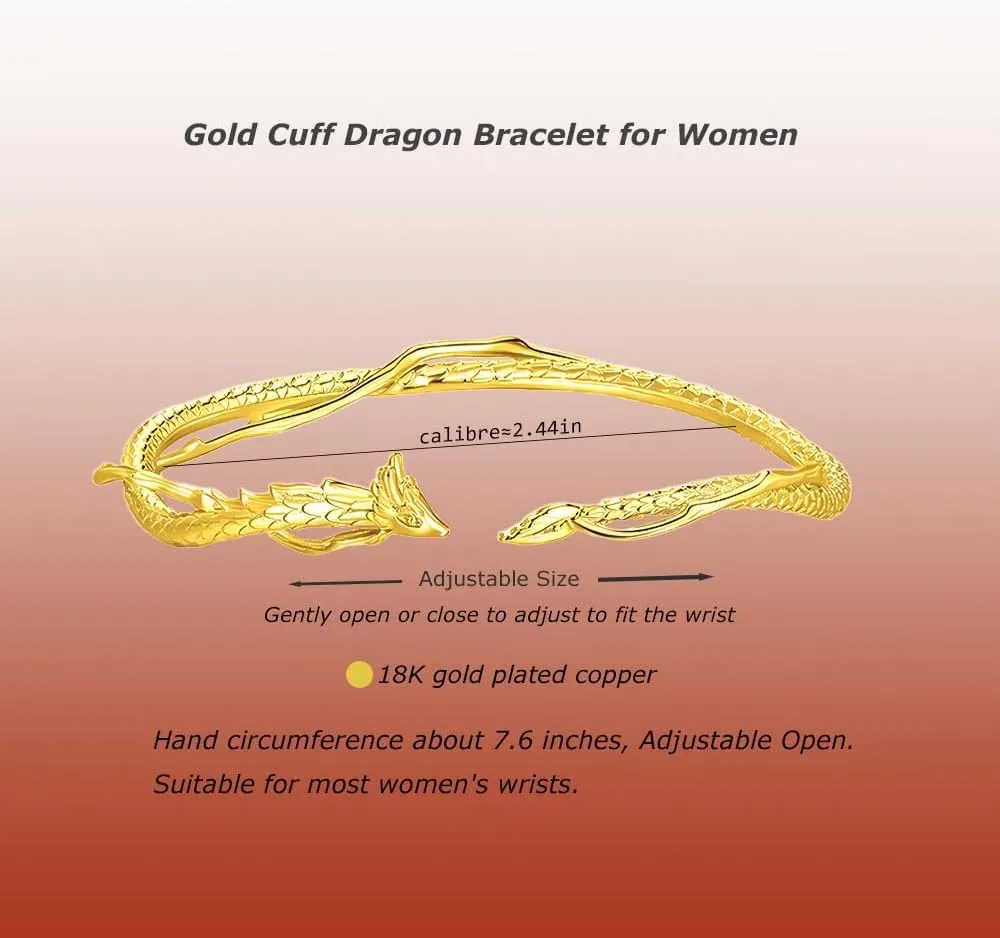 Dragon Bracelet - Stylishness Dragon Cuff Bracelets for Women Symbolic Strength & Good Luck Bangles Uniqueness Dragon Jewelry Dragon Gifts for Women, Adjustable Bracelet