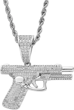 Dreuyet Gun Necklace for Men Women Titanium steel Full drill CZ Machine Gun Charm Pendants Silver and Gold Plated Hip hop Submachine Gun Pendant Necklaces Rifle Shape Army Style Gun Pendent Necklace