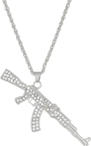 Dreuyet Gun Necklace for Men Women Titanium steel Full drill CZ Machine Gun Charm Pendants Silver and Gold Plated Hip hop Submachine Gun Pendant Necklaces Rifle Shape Army Style Gun Pendent Necklace