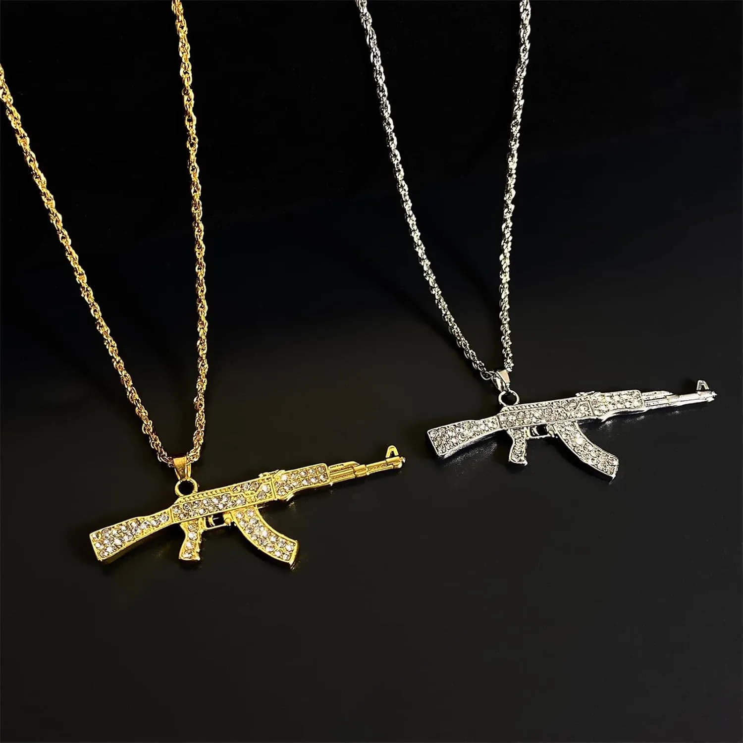 Dreuyet Gun Necklace for Men Women Titanium steel Full drill CZ Machine Gun Charm Pendants Silver and Gold Plated Hip hop Submachine Gun Pendant Necklaces Rifle Shape Army Style Gun Pendent Necklace