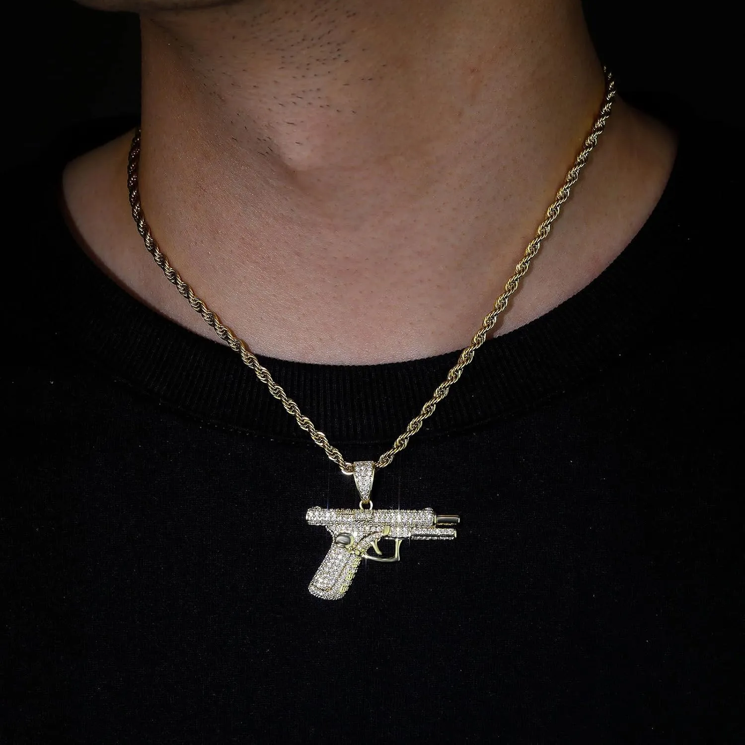 Dreuyet Gun Necklace for Men Women Titanium steel Full drill CZ Machine Gun Charm Pendants Silver and Gold Plated Hip hop Submachine Gun Pendant Necklaces Rifle Shape Army Style Gun Pendent Necklace