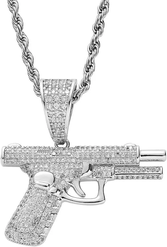 Dreuyet Gun Necklace for Men Women Titanium steel Full drill CZ Machine Gun Charm Pendants Silver and Gold Plated Hip hop Submachine Gun Pendant Necklaces Rifle Shape Army Style Gun Pendent Necklace