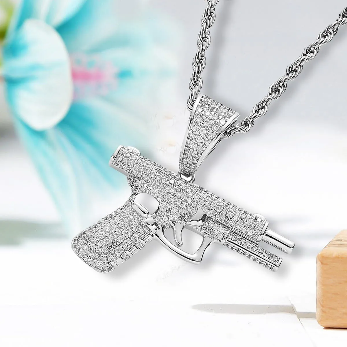 Dreuyet Gun Necklace for Men Women Titanium steel Full drill CZ Machine Gun Charm Pendants Silver and Gold Plated Hip hop Submachine Gun Pendant Necklaces Rifle Shape Army Style Gun Pendent Necklace