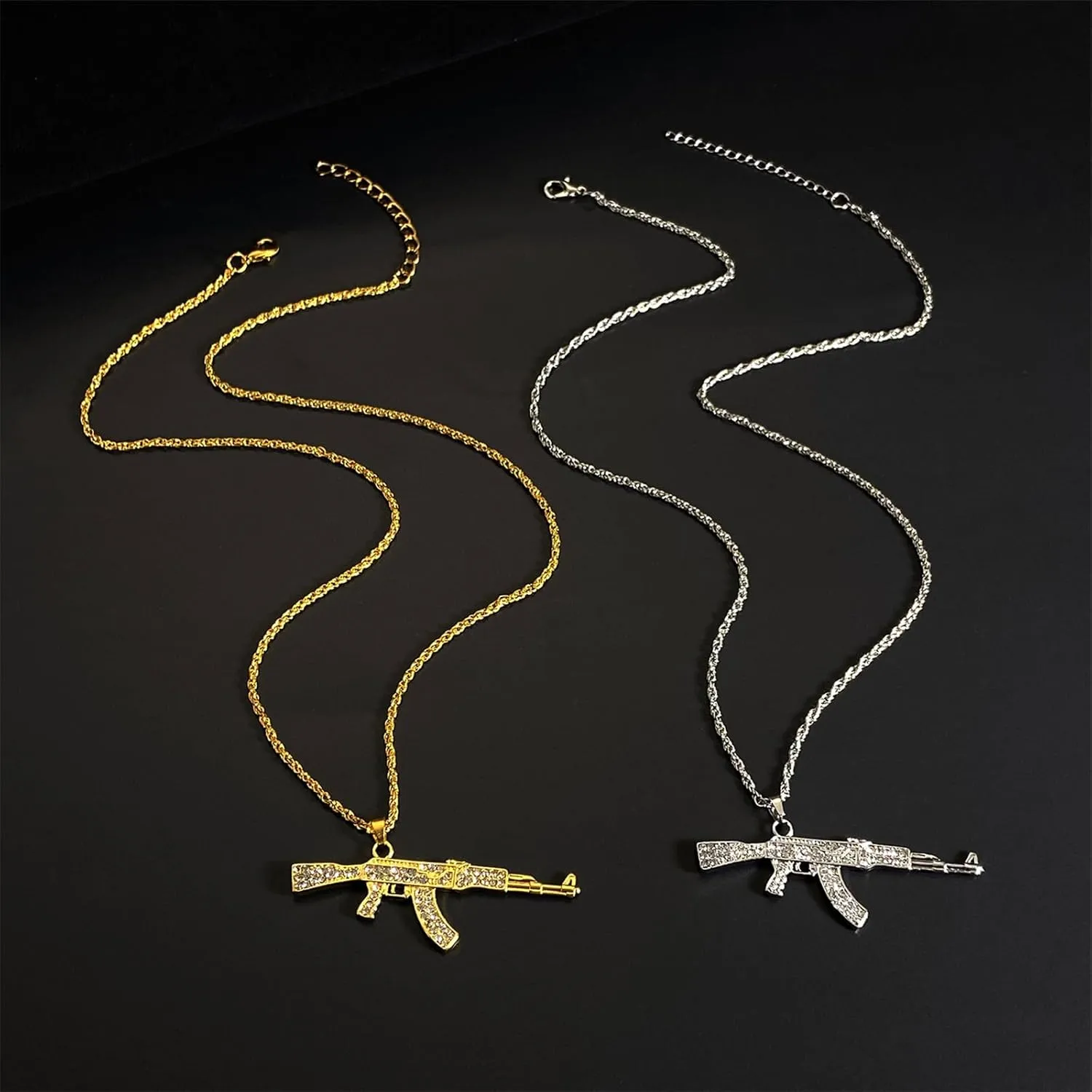 Dreuyet Gun Necklace for Men Women Titanium steel Full drill CZ Machine Gun Charm Pendants Silver and Gold Plated Hip hop Submachine Gun Pendant Necklaces Rifle Shape Army Style Gun Pendent Necklace