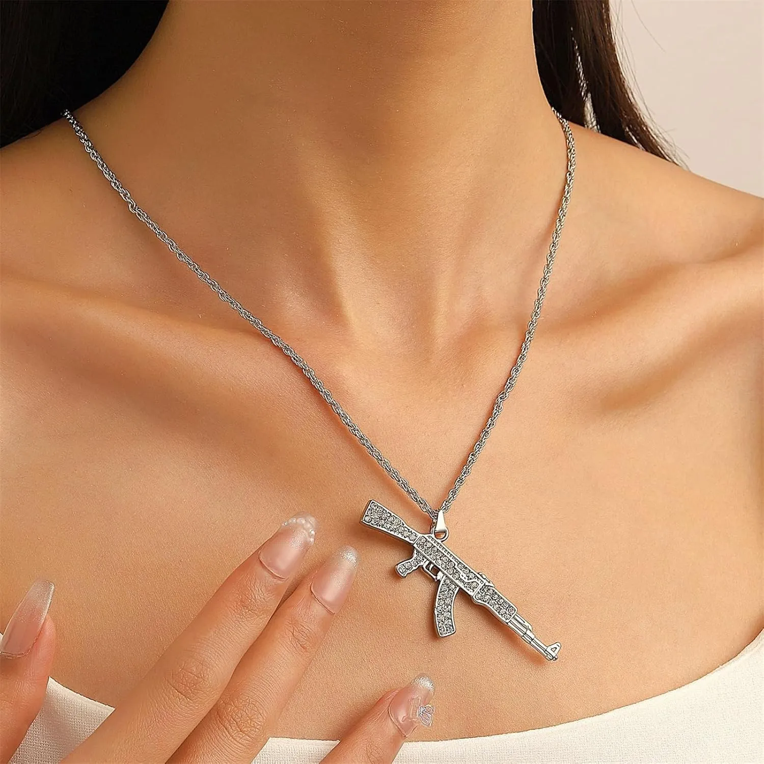 Dreuyet Gun Necklace for Men Women Titanium steel Full drill CZ Machine Gun Charm Pendants Silver and Gold Plated Hip hop Submachine Gun Pendant Necklaces Rifle Shape Army Style Gun Pendent Necklace