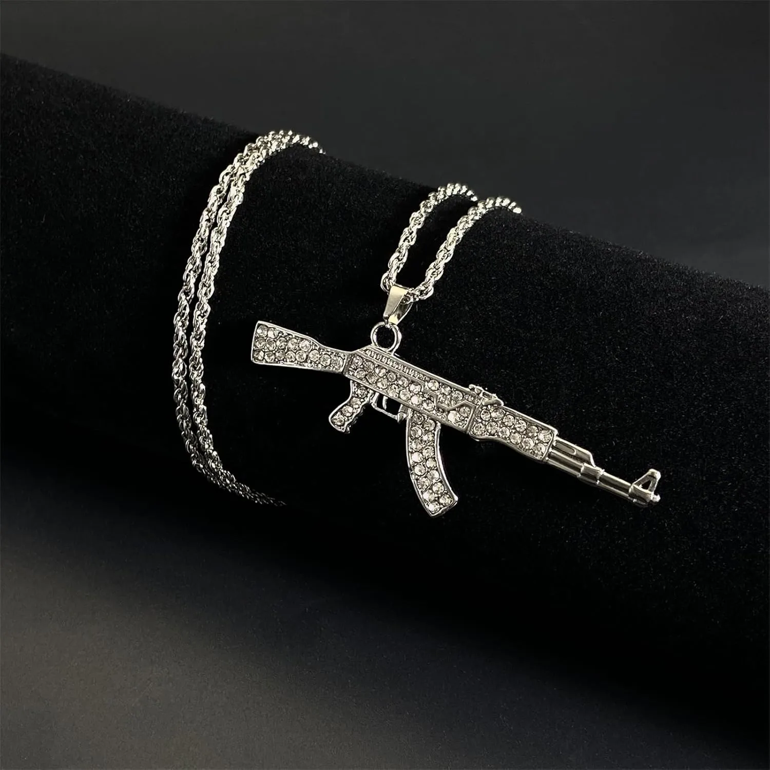 Dreuyet Gun Necklace for Men Women Titanium steel Full drill CZ Machine Gun Charm Pendants Silver and Gold Plated Hip hop Submachine Gun Pendant Necklaces Rifle Shape Army Style Gun Pendent Necklace
