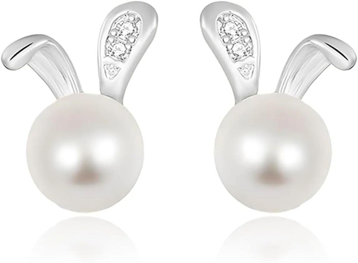 Easter Rabbit Pearl Earrings for Women Boho Round Pearl Stud Earrings Cute Small Animal Bunny Earrings Minimalist Daily Jewelry Gifts