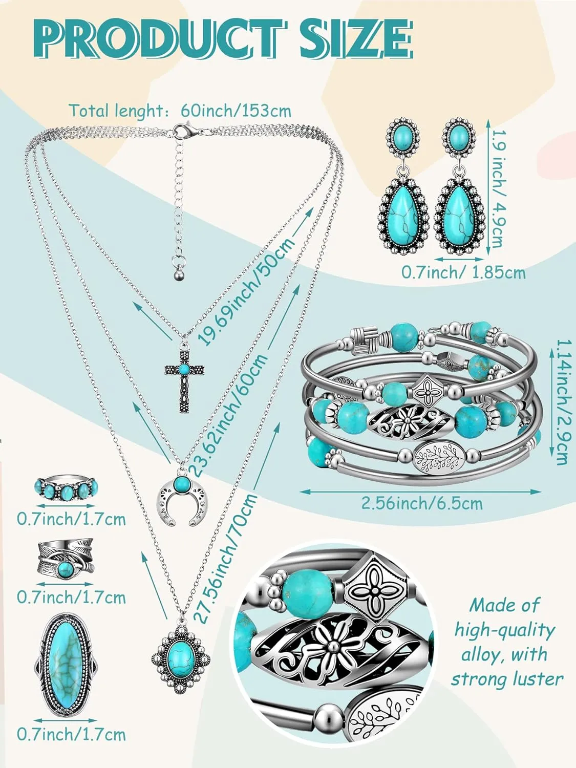 Ecally Bohemian Western Jewelry Turquoise Set Women Bohemian Pendant Long Choker Layered Bracelets Earrings Ring for Women