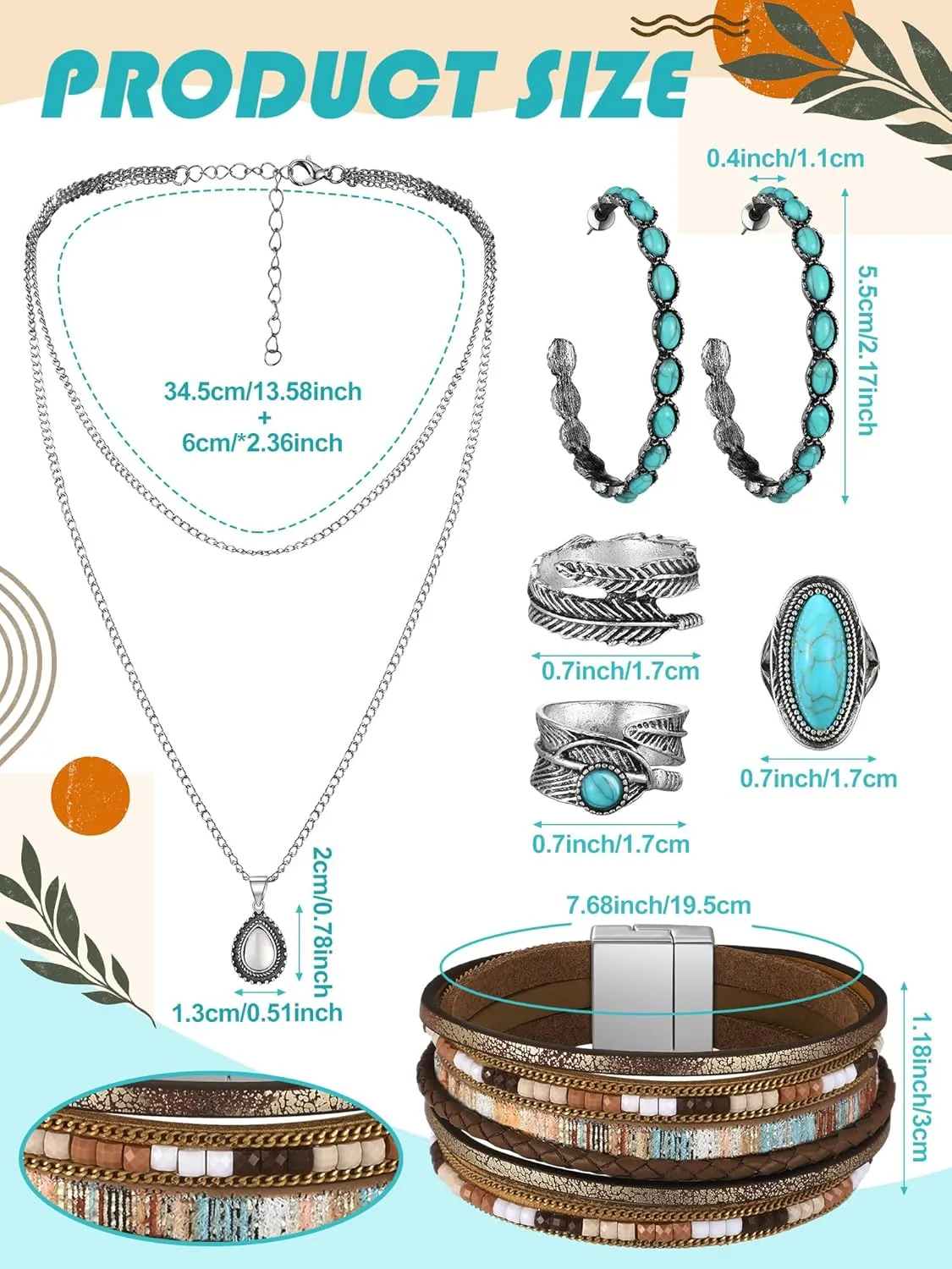 Ecally Bohemian Western Jewelry Turquoise Set Women Bohemian Pendant Long Choker Layered Bracelets Earrings Ring for Women