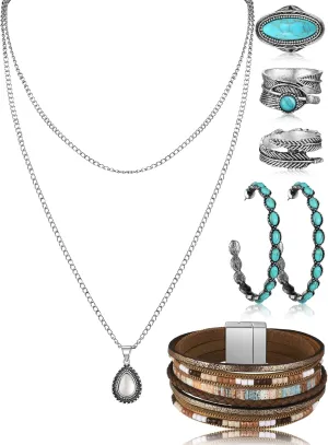 Ecally Bohemian Western Jewelry Turquoise Set Women Bohemian Pendant Long Choker Layered Bracelets Earrings Ring for Women