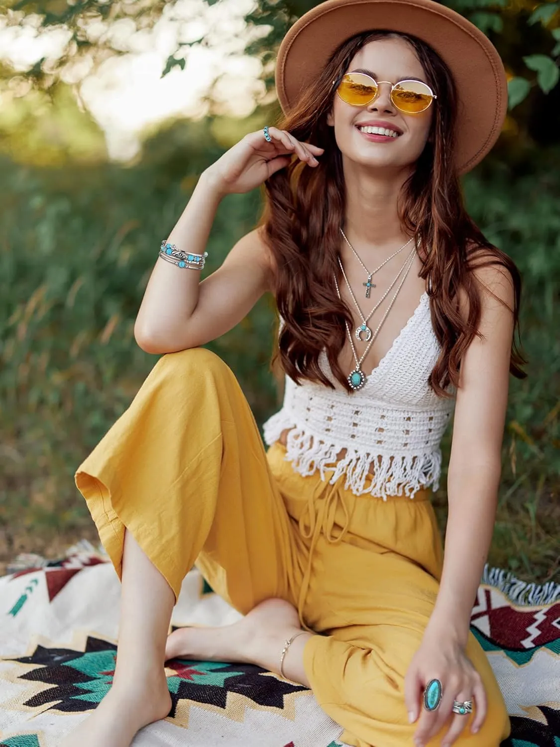 Ecally Bohemian Western Jewelry Turquoise Set Women Bohemian Pendant Long Choker Layered Bracelets Earrings Ring for Women