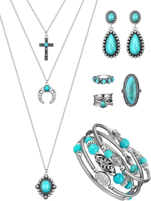 Ecally Bohemian Western Jewelry Turquoise Set Women Bohemian Pendant Long Choker Layered Bracelets Earrings Ring for Women