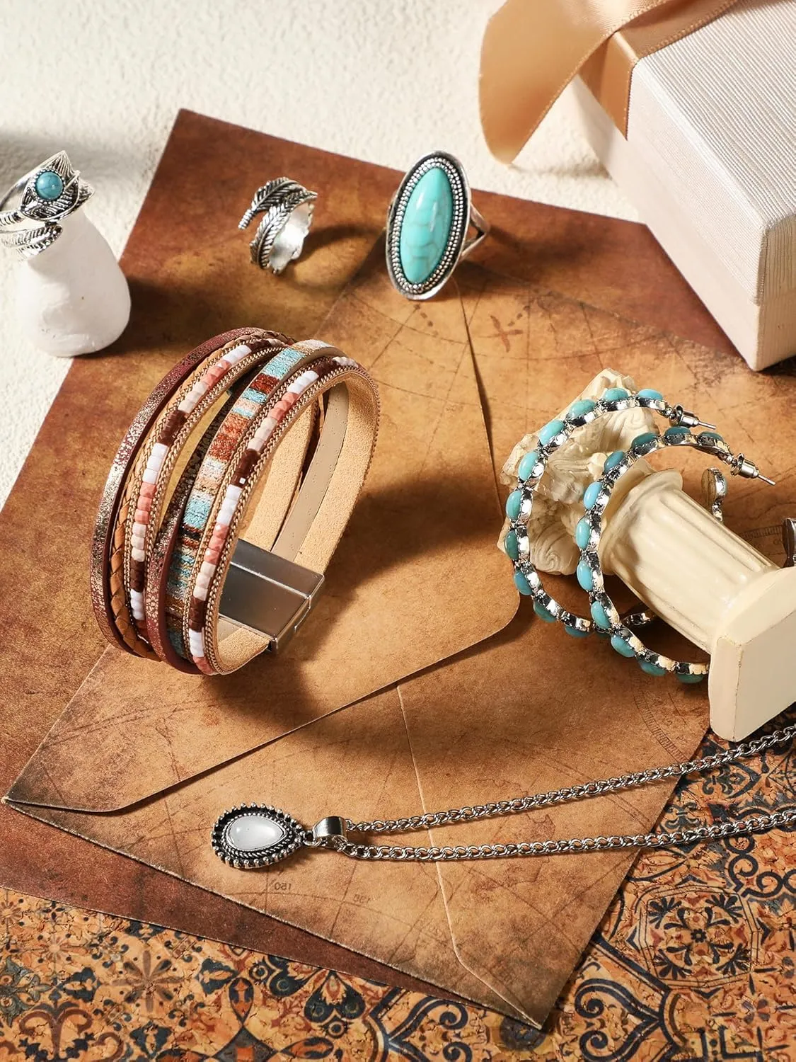 Ecally Bohemian Western Jewelry Turquoise Set Women Bohemian Pendant Long Choker Layered Bracelets Earrings Ring for Women