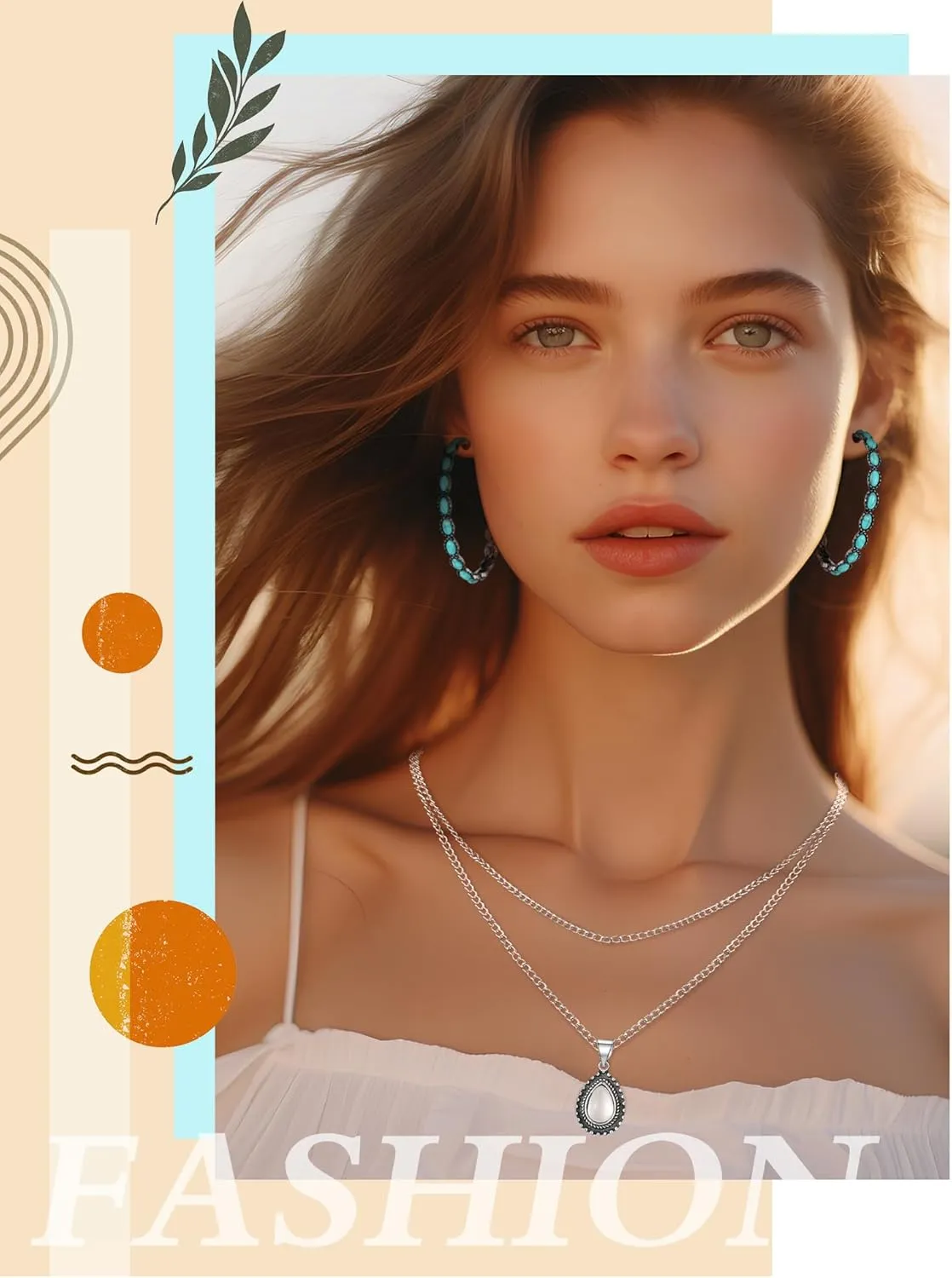 Ecally Bohemian Western Jewelry Turquoise Set Women Bohemian Pendant Long Choker Layered Bracelets Earrings Ring for Women