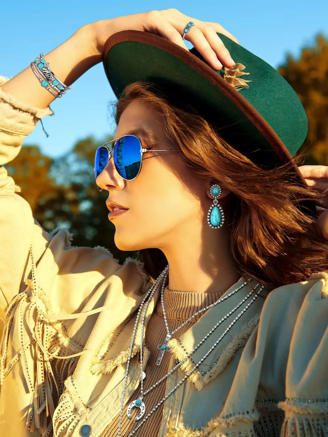 Ecally Bohemian Western Jewelry Turquoise Set Women Bohemian Pendant Long Choker Layered Bracelets Earrings Ring for Women