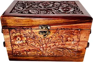 Eid Gifts - Handcrafted Jewelry Box with Floral Carvings, 3-Compartment Jewelry Organizer for Earrings, Rings, Necklaces (Large Size 8''x5''x5'')