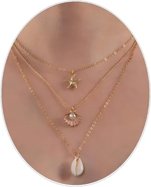 Eioi & Lmnm Triple Layered Starfish Seashell Necklace for Women, Boho Layering Starfish Conch Pearl Shell Pendant Necklace, Bohemian Layered Summer Ocean Beach Jewelry Gifts