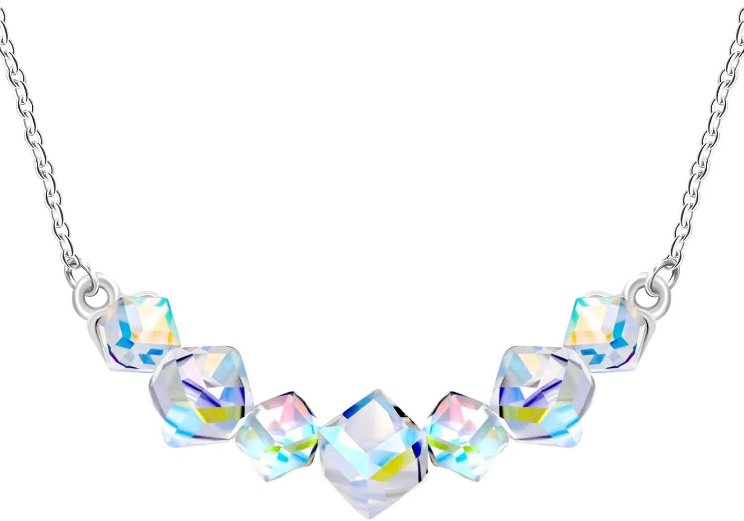 Elegant 7 Stones Crystal Cube Necklace Platinum Plated Fashionable 3D Square Cube Pendant Stunning Jewelry for Women YA5052