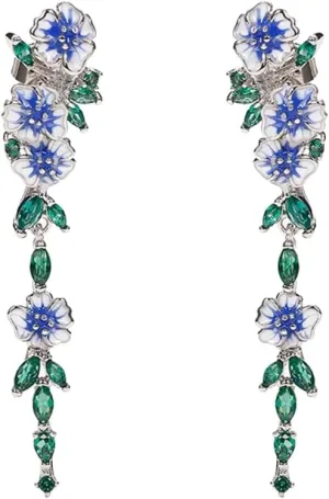 Elegant Blue Flower Long Dangle Drop Earrings for Women Green CZ Leaf Flowers Stud Dangling Hanging Lightweight Hypoallergenic Fashion Jewelry Party Birthday Gifts