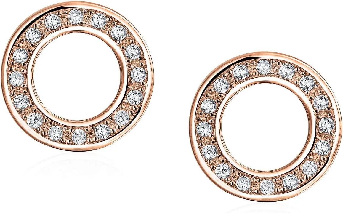 Elegant Geometric CZ Round Open Circle Dangle Drop Stud Earrings in Rose, Yellow Gold or Silver Plated in Brass or .925 Sterling Silver Baguette Cubic Zirconia for Bridals Women Secure Lever Back
