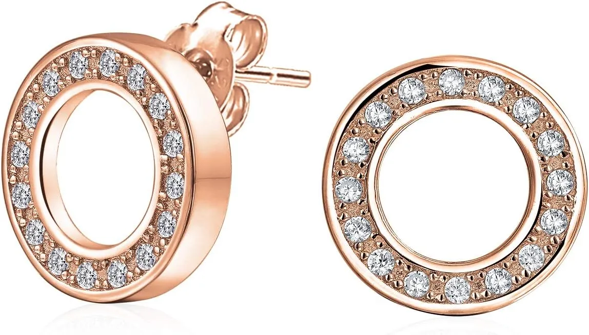 Elegant Geometric CZ Round Open Circle Dangle Drop Stud Earrings in Rose, Yellow Gold or Silver Plated in Brass or .925 Sterling Silver Baguette Cubic Zirconia for Bridals Women Secure Lever Back