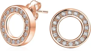 Elegant Geometric CZ Round Open Circle Dangle Drop Stud Earrings in Rose, Yellow Gold or Silver Plated in Brass or .925 Sterling Silver Baguette Cubic Zirconia for Bridals Women Secure Lever Back