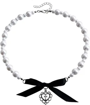 Elegant Heart Pendant Necklace Imitation Pearls Beaded Neckchain Adjustable Choker Fashionable Jewelry for Women