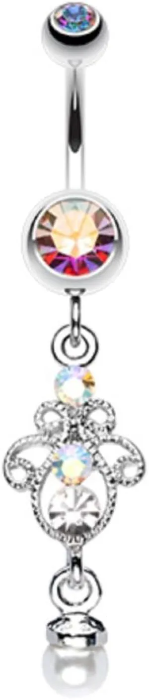 Elegant Jeweled Pearl Dangle Belly Button Ring