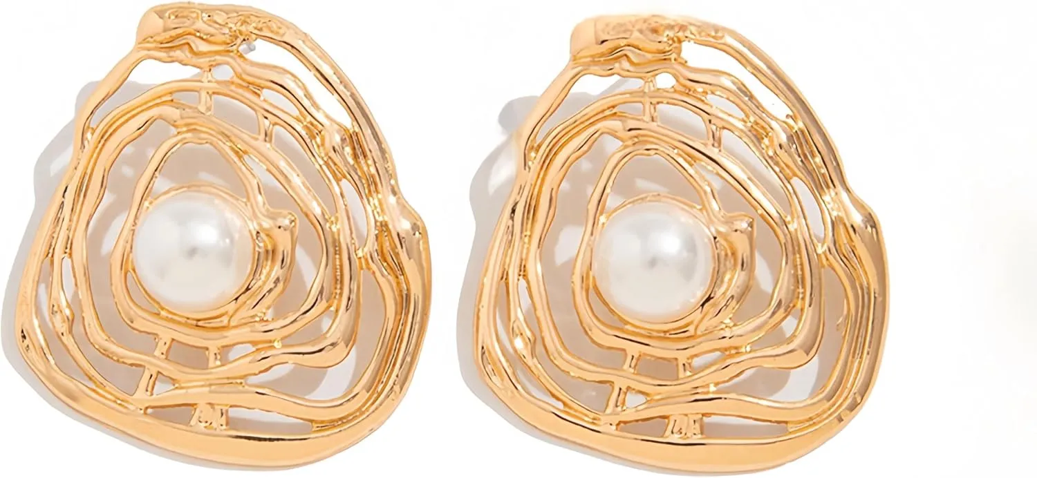 Elegant Pearl Stud Earrings, Gold-Plated Spiral Design, Statement Fashion Jewelry for women