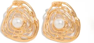 Elegant Pearl Stud Earrings, Gold-Plated Spiral Design, Statement Fashion Jewelry for women