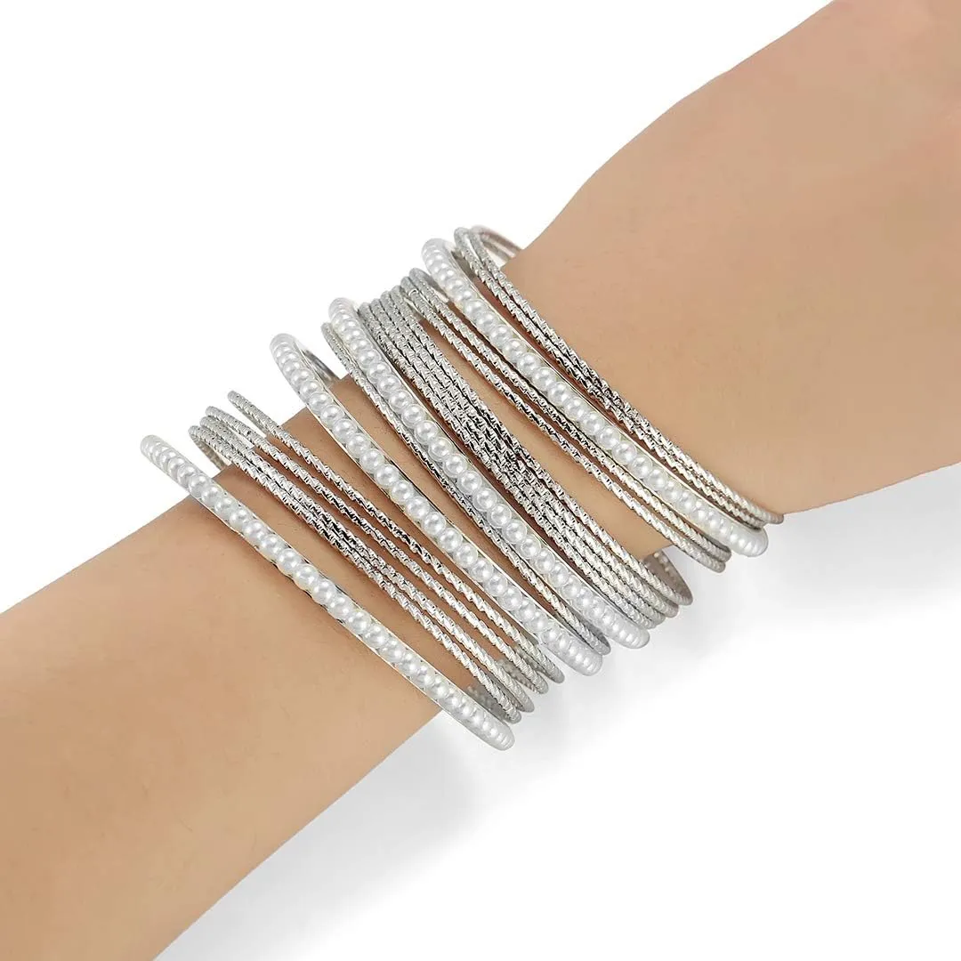 Ensoul Acrylic Pearl-Beads/Glass Seedbeads Mixed Metal Bangles Bracelets for Women Set of 17