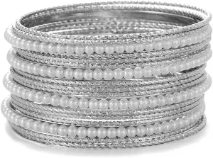 Ensoul Acrylic Pearl-Beads/Glass Seedbeads Mixed Metal Bangles Bracelets for Women Set of 17