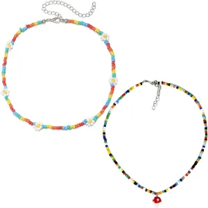 EuTengHao 2 Pieces Seed Bead Choker Necklaces Colorful Daisy Flower Bead Necklace Mushroom Pendants Glass Beaded Choker Jewelry Gifts Handmade Beads Necklace for Women