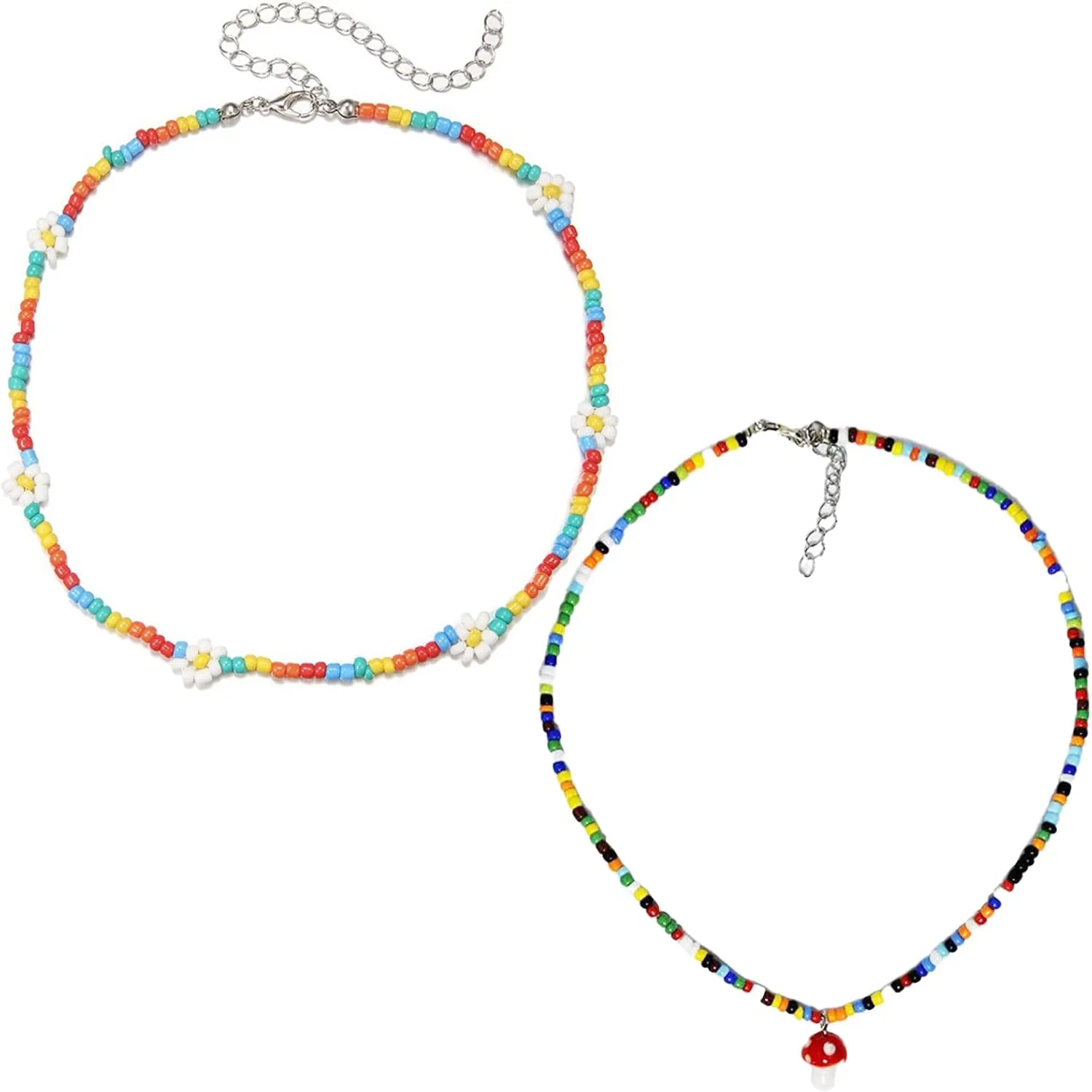 EuTengHao 2 Pieces Seed Bead Choker Necklaces Colorful Daisy Flower Bead Necklace Mushroom Pendants Glass Beaded Choker Jewelry Gifts Handmade Beads Necklace for Women