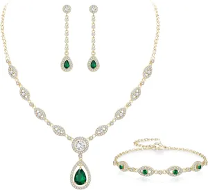 EVER FAITH Bridal Jewelry Set for Women, Stunning Teardrop Cubic Zirconia Birthstone Necklace Bracelet Earrings Sets Gift for Mothers Day/Valentines/Birthday/Christmas