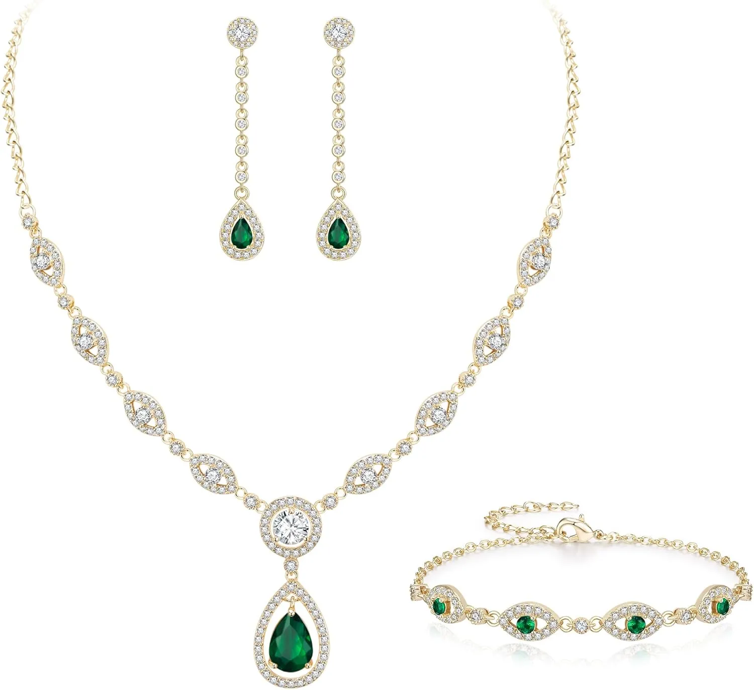 EVER FAITH Bridal Jewelry Set for Women, Stunning Teardrop Cubic Zirconia Birthstone Necklace Bracelet Earrings Sets Gift for Mothers Day/Valentines/Birthday/Christmas