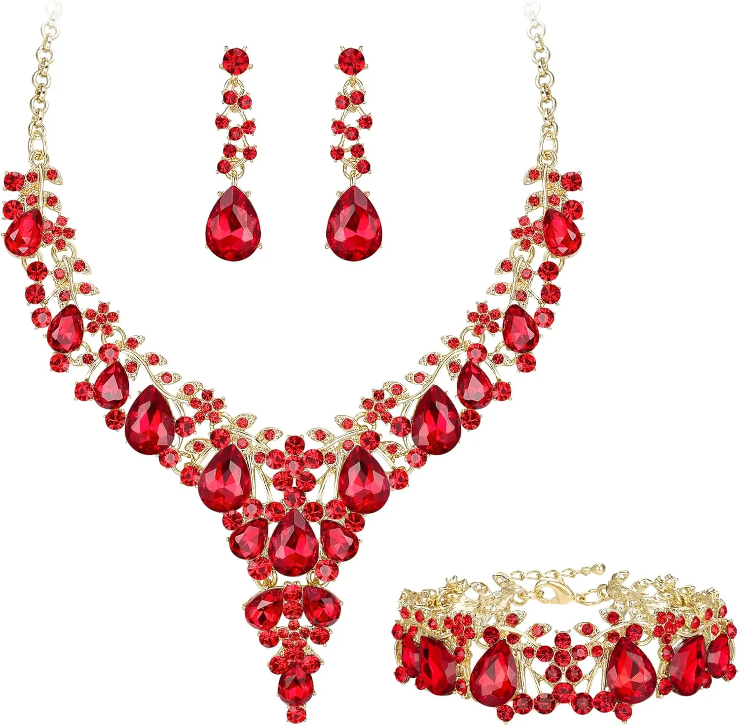 EVER FAITH Brilliant Wedding Jewelry Set for Women, Stunning Crystal Flower Round Teardrop Bridal Statement Necklace Dangle Earrings Bracelet Sets