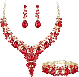 EVER FAITH Brilliant Wedding Jewelry Set for Women, Stunning Crystal Flower Round Teardrop Bridal Statement Necklace Dangle Earrings Bracelet Sets