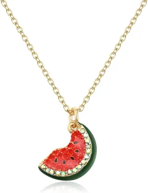 EVER FAITH Charming Crystal Watermelon Pendant Necklace for Women, Adorable Fruit Necklaces Rhinestone Jewelry Gift Green Gold-Tone