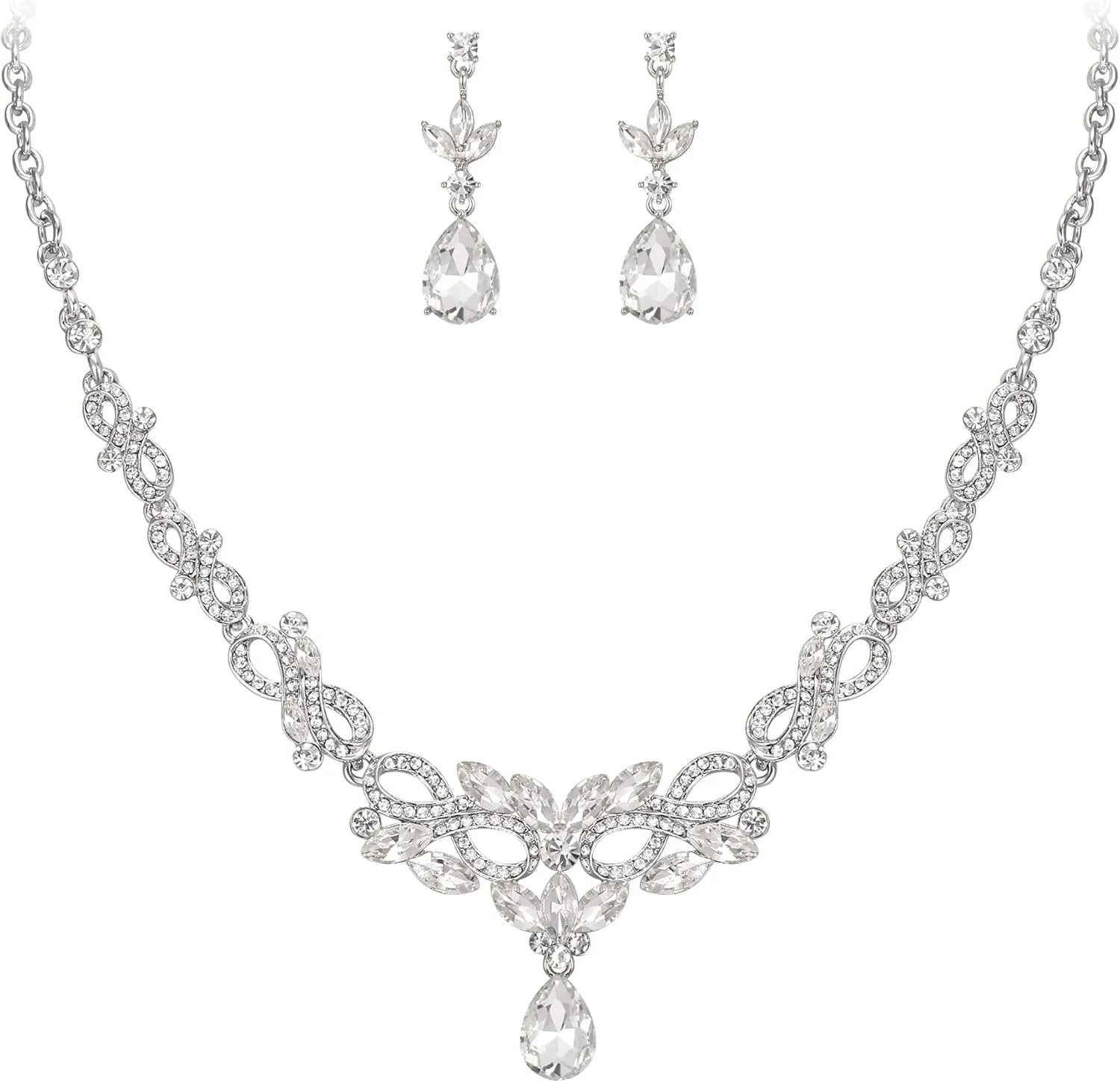 EVER FAITH Charming Marquise Crystal Jewelry Set for Women, 8-Shaped Bridal Leaf Teardrop Necklace Earrings Sets Clear Silver-Tone