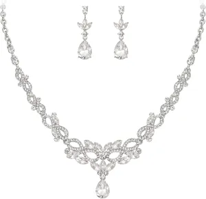 EVER FAITH Charming Marquise Crystal Jewelry Set for Women, 8-Shaped Bridal Leaf Teardrop Necklace Earrings Sets Clear Silver-Tone