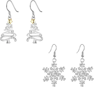 EVER FAITH Christmas Gift Fish Hook Earring Set, White Stunning Cubic Zirconia Star Christmas Tree Snowflake Pierced Hook Dangle Earrings for Women Girl