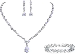 EVER FAITH Gorgeous White Cubic Zirconia Charming Waterdrop Bridal Bride Necklace Earrings 2 Layers Small Leaf Roman Tennis Bracele Jewelry Set Silver-Tone