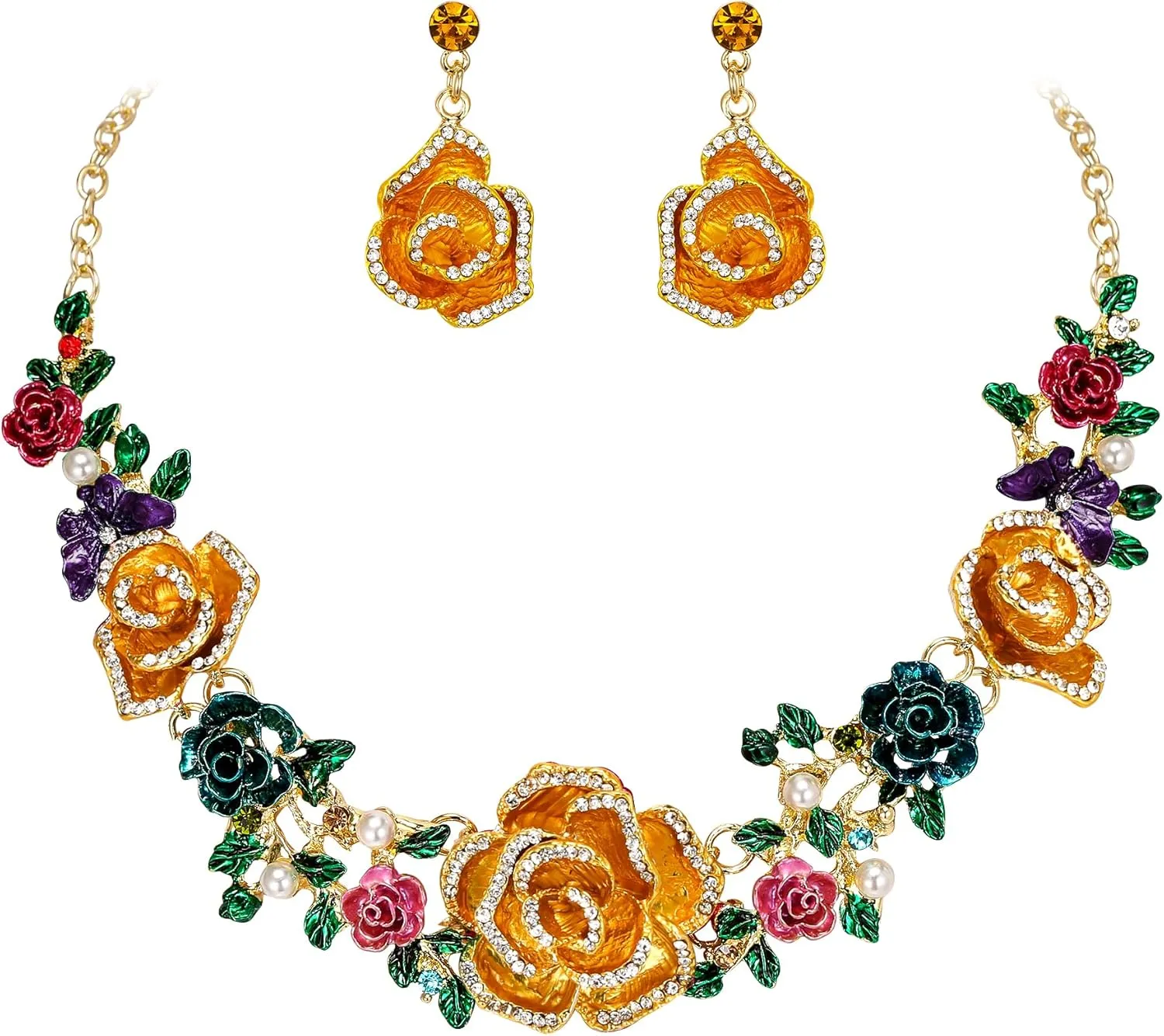 EVER FAITH Statement Crystal Flower Jewelry Sets for Women, Charming Rhinestone Simulate Pearl Necklace Pierced Earrings Set for Prom Party