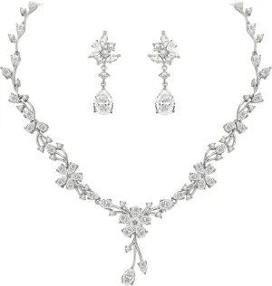 EVER FAITH Weddding Jewlery for Bride, Stunning White Cubic Zirconia Teardrop Cluster Flower Banquet Neckalce Earrings Set for Women