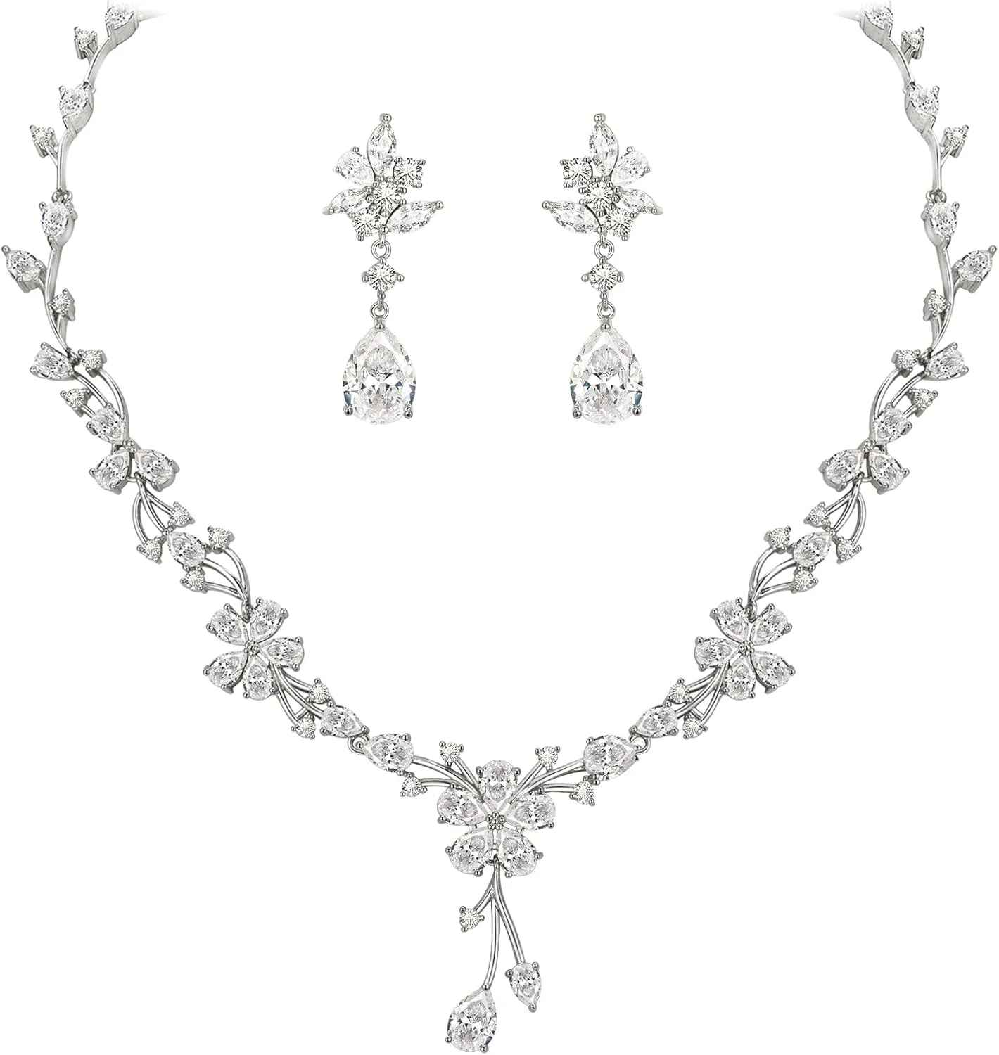 EVER FAITH Weddding Jewlery for Bride, Stunning White Cubic Zirconia Teardrop Cluster Flower Banquet Neckalce Earrings Set for Women