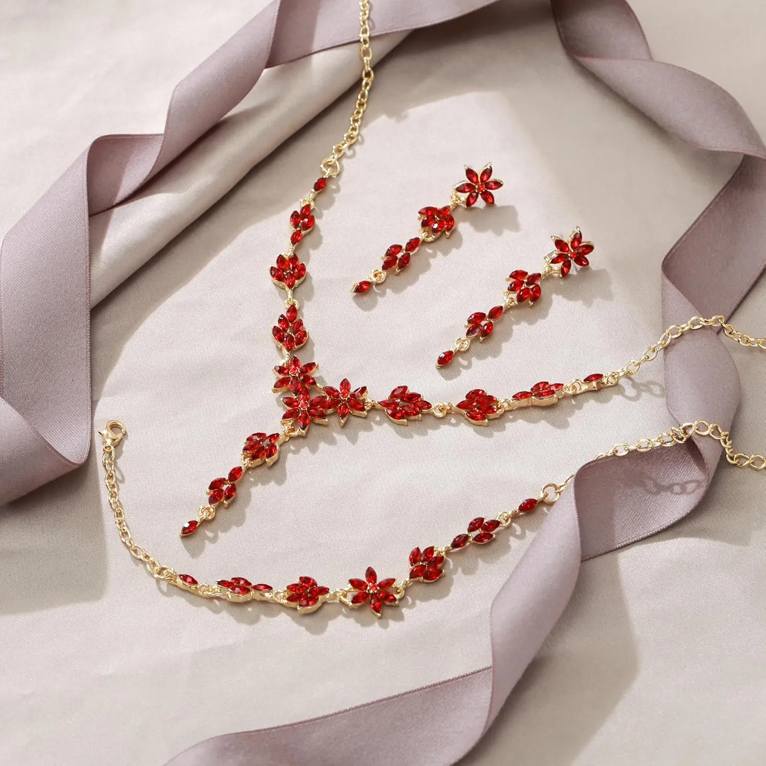 EVER FAITH Wedding Jewelry for Bride Bridesmaid, Stunning Rhinestone Crystal Flower Costume Prom Y-Shaped Necklace Dangle Earrings Bracelet Sets for Women