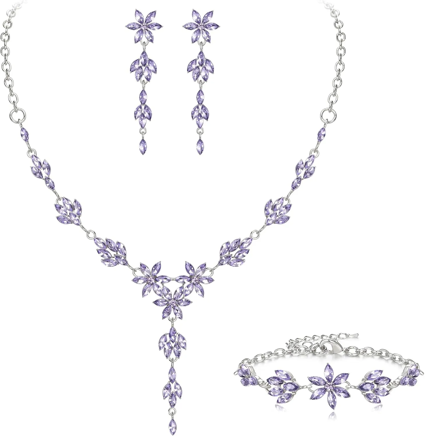 EVER FAITH Wedding Jewelry for Bride Bridesmaid, Stunning Rhinestone Crystal Flower Costume Prom Y-Shaped Necklace Dangle Earrings Bracelet Sets for Women